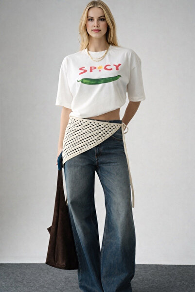 LOOSH Kadın Krem Örgü Bağlama Detaylı Aksesuar Bandana Pareo