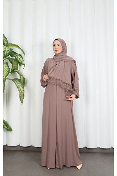 HNT Hayrunnisa Tesettür Kendinden Şallı Fermuarlı Namaz Elbise Vizon HNT7068