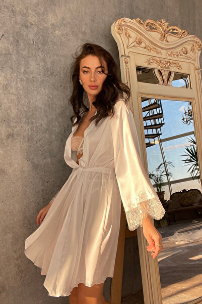 lousa Silky Satin Short Bridal Dressing Gown with Lace Sleeves
