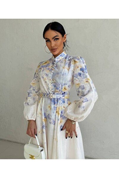 Julidress High Collar Multi-Colored Buttoned Belted Premium Design Linen Dress