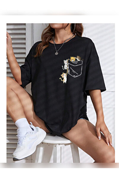 TİMİSİVA Unisex Oversized Sanatsal Printed Crew Neck Short Sleeve Black T-Shirt