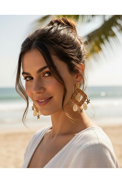 Hasır Bohem Kare Küpe Deniz Kabuklu ve Deniz Yıldızlı – 2 Renk Seçenekli