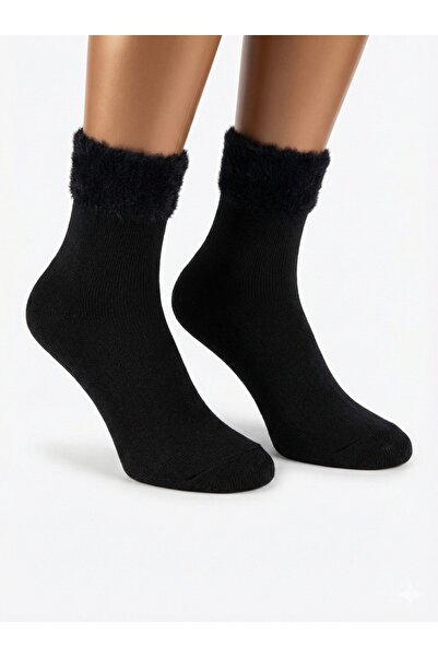 KAIYA Soft Textured Plush Inside Medium Length Home Socks Black (2 Pairs)