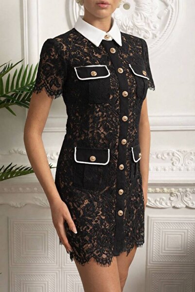 Julidress Black Collar Gold Buttoned Premium Mini Lace Dress with Piping Detail