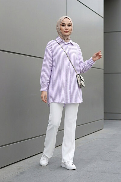 MODAQU Striped Linen Shirt - Lilac
