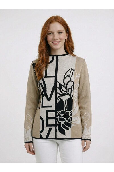 Neden Tekstil Beige Black Love Written and Floral Patterned Sweater