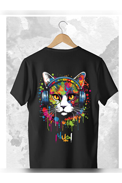 TİMİSİVA Unisex Oversized Sanatsal Printed Crew Neck Short Sleeve Black T-Shirt