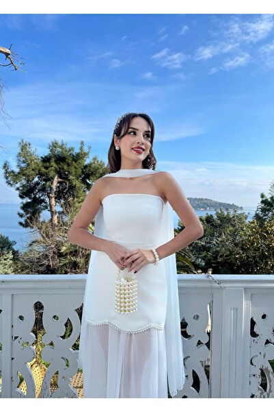 zoezoe STRAPLEZ YAKA İNCİ SÜSLEMELİ ŞİFON ETEKLİ DÜĞÜN DAVET BALO MEZUNİYET E...