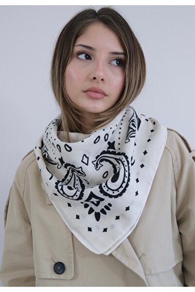 YENGEÇ Beyaz Etnik Desen Pamuklu 90*90 Şal Fular