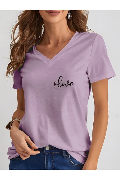 Deocept Tricou cu imprimeu mixt pentru femei, cu decolteu în V și mâneci, cu ...