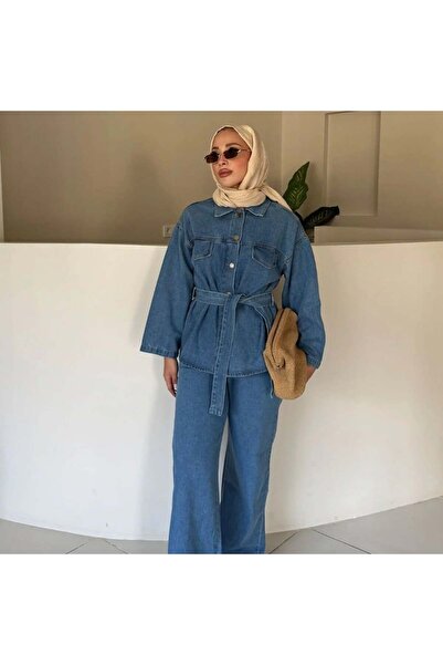 Miraydın Butik Women's Buttoned and Tied Denim Jeans Two-Piece Set M61821 - L...