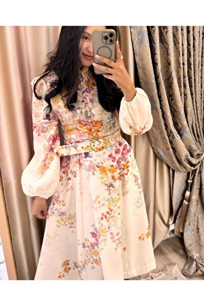 Julidress High Collar Multi-Colored Buttoned Belted Premium Design Linen Dress