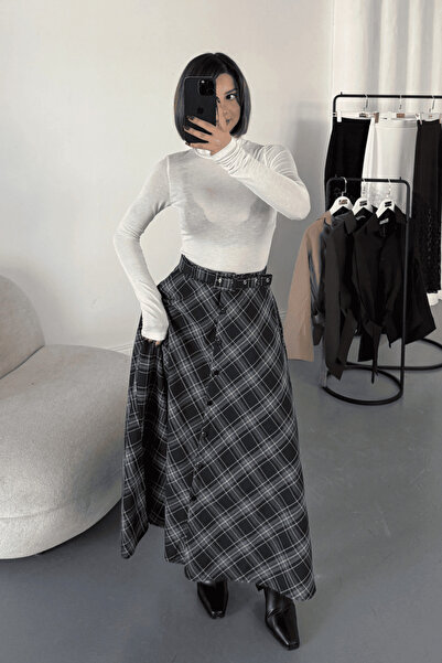 MOZENA Plaid Skirt with Belt and Buttons on the Front