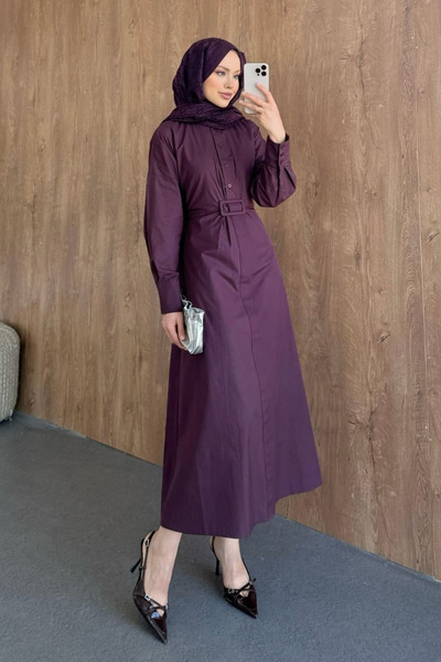 Şulemoda Giyim Buckle Detailed Dress in Plum Color