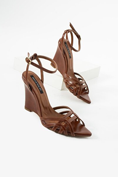diclepolat Women's Tan Wedge Heel Sandals Pointed Toe Ankle Strap Multi-Strap...