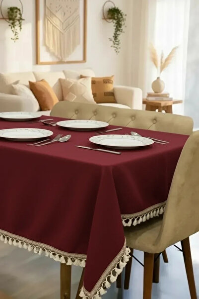 NDC HOME Бургундска памучна ленена покривка за маса с райета и помпони