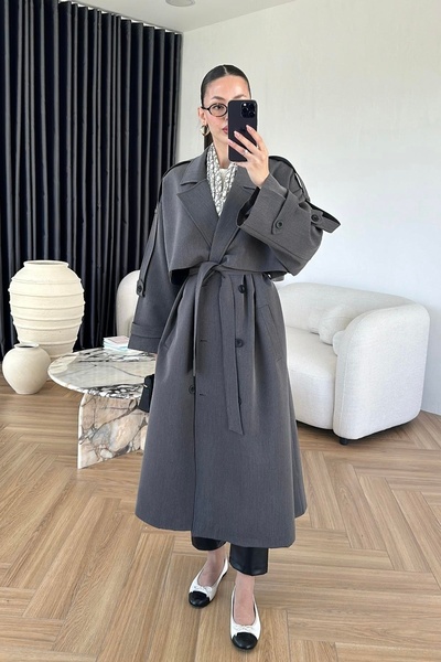 Moderk Long Lined Windbreaker Oversize Belted Epaulet Women's Trench Coat Maxi