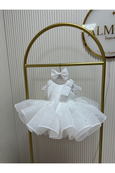 Almira Tasarım İnci detaylı beyaz doğum günü elbisesi