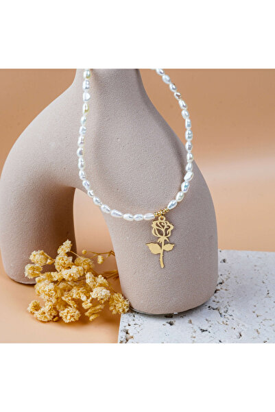 BLACK SWAN Bijoux Natural cultured pearl necklace and 14K Gold Rose pendant