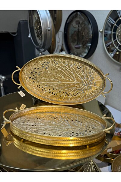 city gold 2'li Telkari Metal Gold Yaprak Desenli 4-6 Kişilik Tepsi