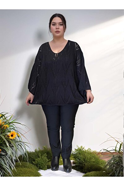 ŞIK STİL V YAKA AJURLU DESENLİ İTALYAN MERSERİZE BLUZ KAZAK