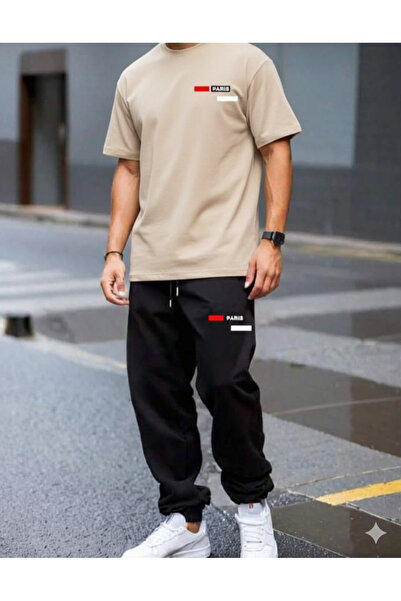 YK WEAR طقم تي شيرت وبنطلون رياضي فاخر مطبوع عليه شعار باريس للرجال / النساء