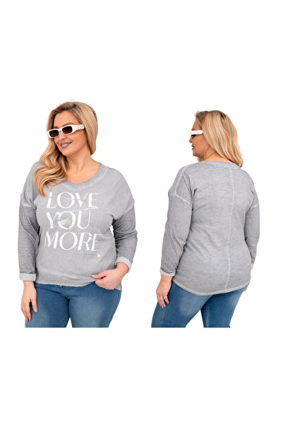Kesi Bluză gri pentru femei, mărime plus, cu imprimeu „LOVE YOU MORE”