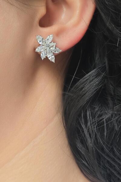 MorMajor Silver FLORAL MOZANİT DAMLA MARKİZ GÜMÜŞ KÜPE