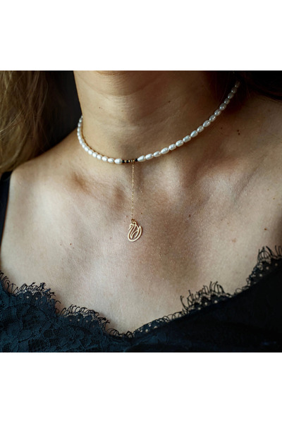 BLACK SWAN Bijoux Colier cu perle de cultura si lantisor aur 14K extensie cu ...