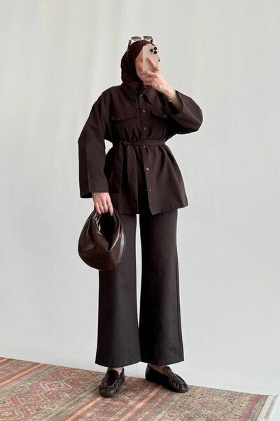 Miraydın Butik Belt-Tied Gabardine Suit with Snap Fasteners - Brown