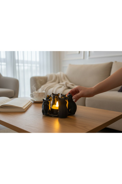 Marka Siyah Kedi Çemberi Dekoratif Tealight Mumluk – 3D Baskı