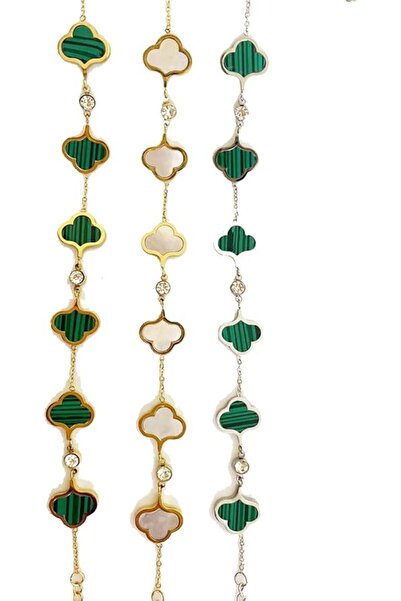 Generic Malachite and Gold-Tone Clover bracelet with Diamonds, Set of 3