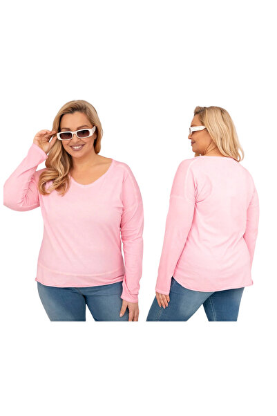 Kesi Jasno różowa bluzka damska Plus Size przecierana z długim rękawem