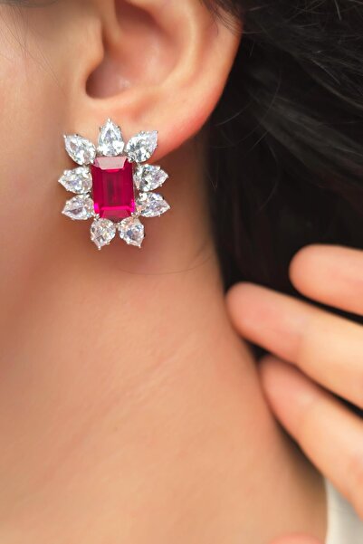 MorMajor Silver YAKUT RUBY DAMLA DİKDÖRTGEN KESİM GÜMÜŞ KÜPE