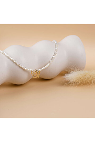 BLACK SWAN Bijoux Colier cu perle mici naturale si pandantiv din aur 14K Fluture