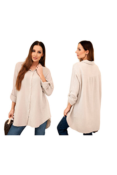 Kesi Ciemno beżowa damska koszula bawełniana MUŚLINOWA Plus Size