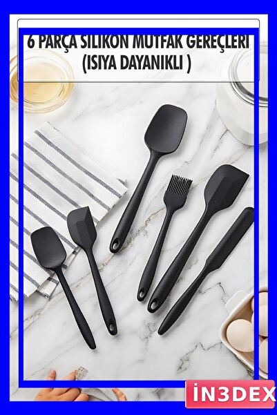 İN3DEX Heat Resistant Black Silicone Kitchen Utensils Set 6 Pieces