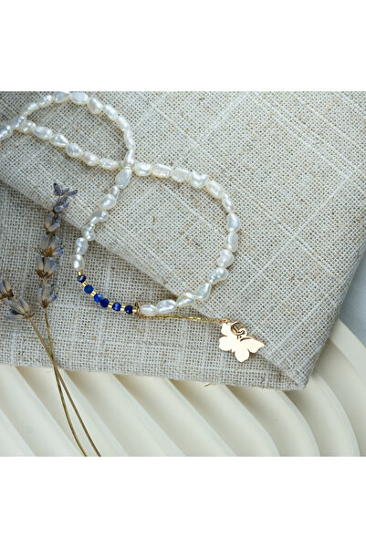 BLACK SWAN Bijoux Natural pearl necklace with gold butterfly pendant and gold...