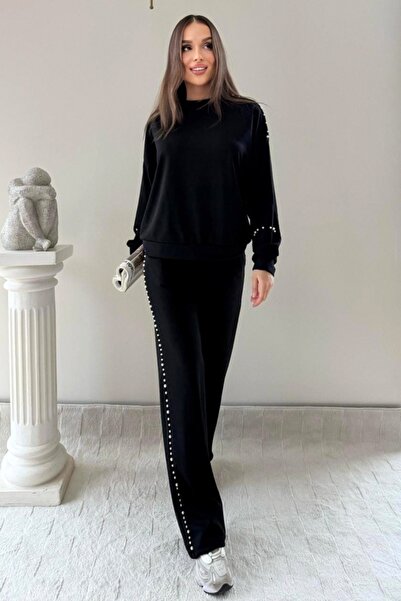 FashionForYou Vanya casual two-piece suit with pearl appliqués, Black, L