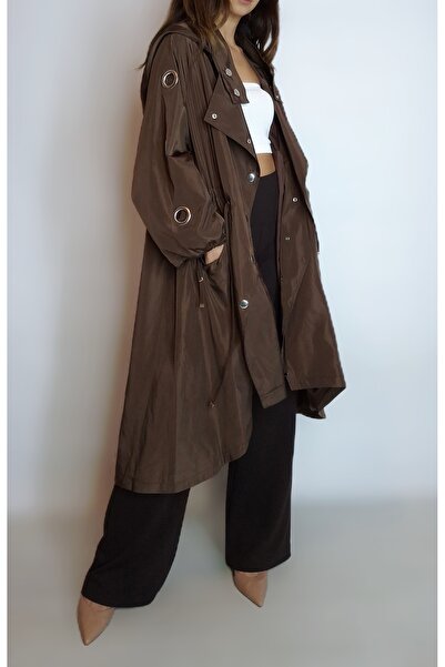 oyagüler Women's Brown Bird Eye Detail Lined Hooded Lace-Up Raincoat Windbrea...