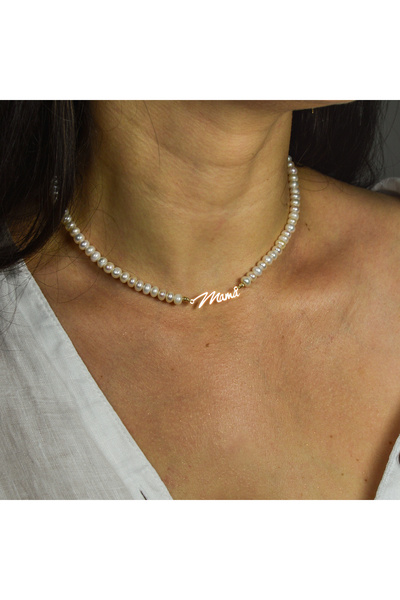 BLACK SWAN Bijoux Colier din perle naturale si link 'Mama' din aur 14K