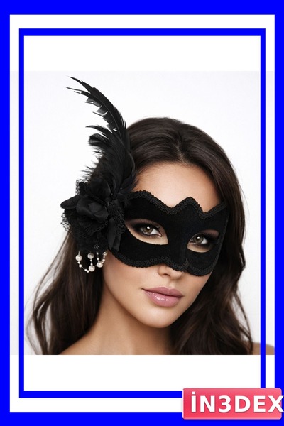 İN3DEX Black Suede Venetian Mask with Pearl and Feather Detail