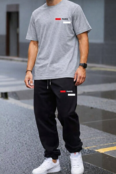 YK WEAR طقم تي شيرت وبنطلون رياضي فاخر مطبوع عليه شعار باريس للرجال / النساء