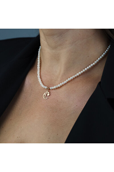 BLACK SWAN Bijoux Natural pearl necklace and 14K Gold crescent and sun pendan...