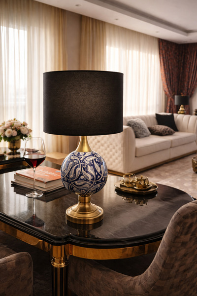 Vinner Luxury Pirinç Seramik Abajur 50 cm – El Yapımı Lacivert Desenli, Siyah...