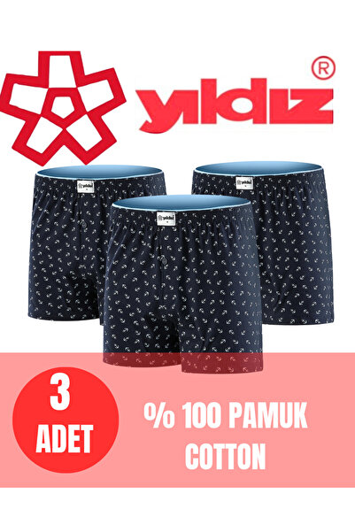 CHARM Yıldız Men's 3-Piece 100% Cotton Anchor Pattern Combed Cotton Boxer