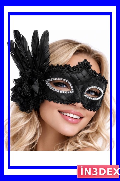 İN3DEX Black Feather Detailed Ball Mask Venetian Style