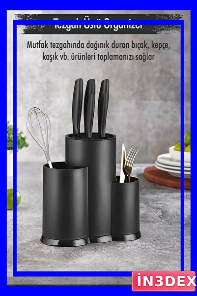 İN3DEX Kitchen Countertop Knife Spoon Organizer Black Plastic