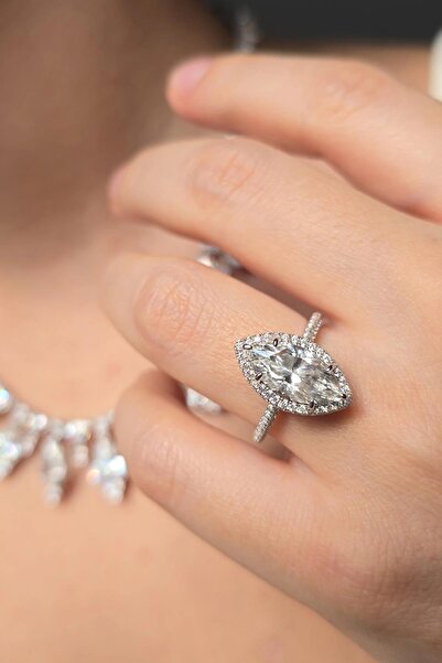 MorMajor Silver İTHAL MOZANİT MARKİZ ETRAF TAŞLI GÜMÜŞ YÜZÜK
