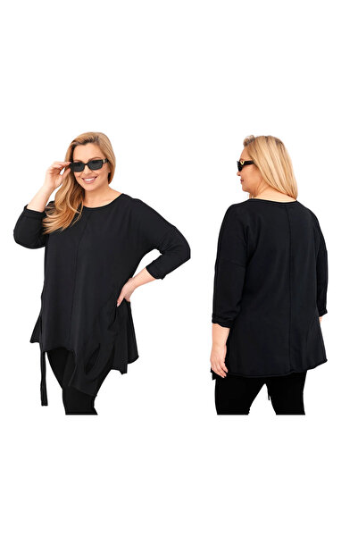 Kesi Tunică de damă neagră, din bumbac, mărime plus, asimetrică, cu fund deco...